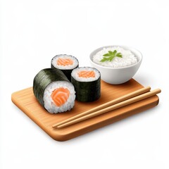 Fresh Sushi Roll with Salmon and Bowl of White Rice on Wooden Plate with Chopsticks, Highlighting Japanese Cuisine in a Minimalist Setting