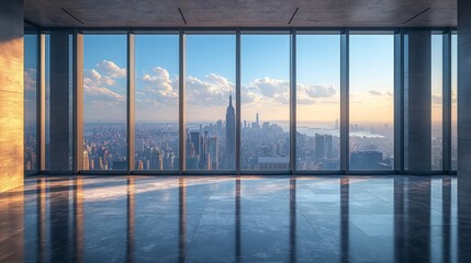 Fototapeta premium Panoramic city view from a modern, empty office space with large windows.