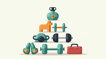 Colorful gym equipment set with dumbbells, kettlebell, barbell, and fitness bag arranged neatly, perfect for workout, fitness, training, or health promotion with white background and clean layout