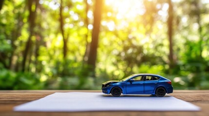 Damaged Toy Car on Paper in Forest Setting: Insurance Claim Concept