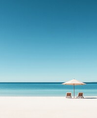 Fototapeta premium blue sea and sandy beach with a parasol and sunbeds. Summer leisure paradise