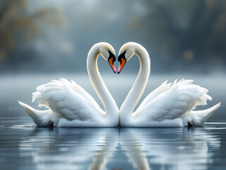 Obraz premium Two swans forming a heart shape with their necks on a serene lake.