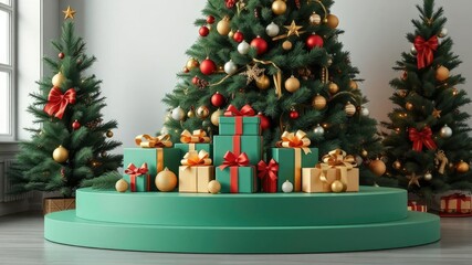 A stunning arrangement of Christmas gifts and ornaments on a elegant green podium stand in front of a beautifully decorated evergreen tree, colorful christmas gifts, natural backdrop