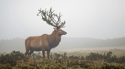 Naklejka premium A stunning red deer stag stands motionless in the misty landscape, its antlers and coat rendered in exquisite detail against a soft gray sky, wildlife photography, undergrowth, wild