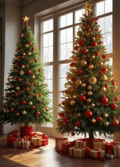 A stunningly decorated Christmas tree near a large window, its red and gold ornaments reflecting the natural sunlight in the room , beautiful, decorative, sparkling
