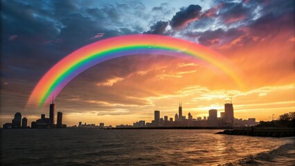 Obraz premium A stylized rainbow-colored sun rising over a city skyline, street art, rainbow, public art installation, colorful