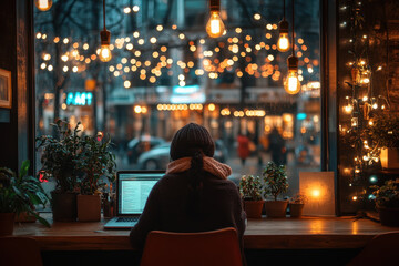 Obraz premium person working on laptop in cozy cafe with warm lights and plants