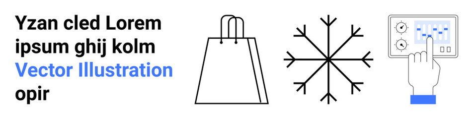 Hand touching a tablet screen, a shopping bag, and a snowflake. Ideal for e-commerce, winter sales, holiday shopping, seasonal promotions, user experience, digital interfaces and technology themes