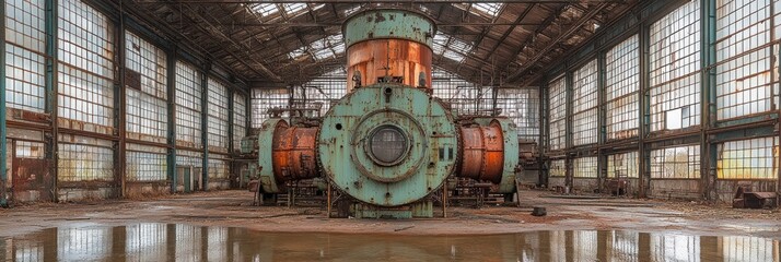 Derelict factory interior with large, rusted machinery.