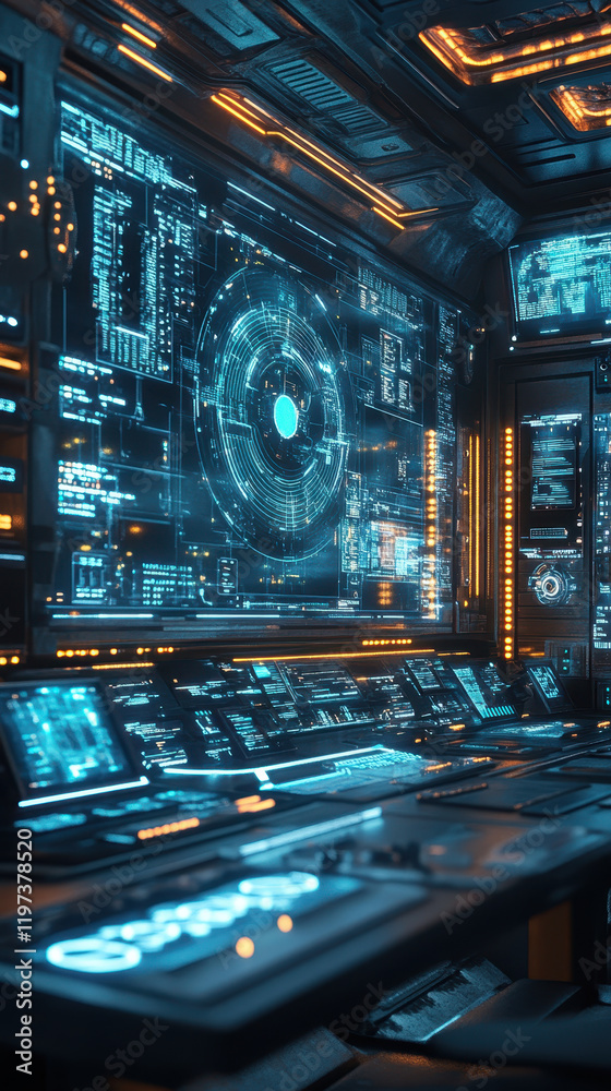 Poster futuristic control center with advanced ai monitoring systems and glowing interfaces