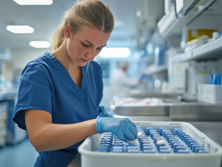 Nurse preparing medication in hospital lab, focused on her task