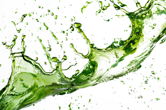 green liquid water or tea oil. neon lime liquid flows and splashes on a transparent background