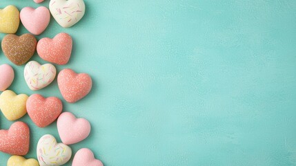 Obraz premium Modern candy hearts on vibrant background concept. Colorful heart-shaped candies on a blue background
