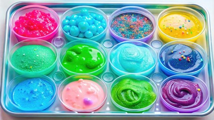 A tray filled with different colors of slime including teal, tactile experience, art supply storage, craft room organization, rainbow slimes, DIY project