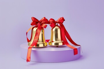 modern conceptual Luxury glossy, pair of Huge glossy shiny 3d golden Christian Christmas jingle bells with red ribbons patterns,Angel-shaped Christmas jingle bellsred podium, pale violet background