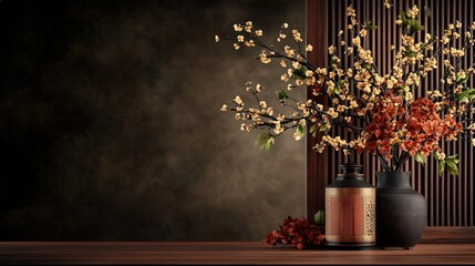 Elegant Vase Adorned with Vibrant Flowers Gracefully Placed on a Wooden Table Creating a Warm and Inviting Atmosphere in a Cozy Interior Setting