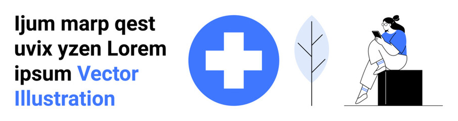 Woman sitting on a box reading, adjacent to a healthcare cross and a leaf. Ideal for wellness, health education, nature, relaxation, lifestyle, personal growth medical websites. Landing page