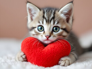 Kitten with red heart, Valentine's Day symbol