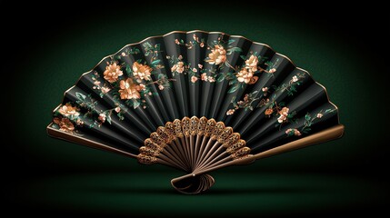 Elegant Black and Gold Decorative Fan Adorned with Beautiful Floral Patterns Creating a Stunning Visual Statement for Home Decor and Art Lovers