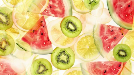 Naklejka premium Surreal trendy translucent fruit arrangement with kiwi, watermelon, and lemon slices. Modern summer background