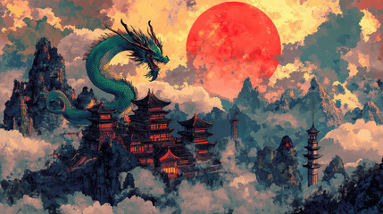 Obraz premium Red Sky with Floating Lanterns for Lunar New Year