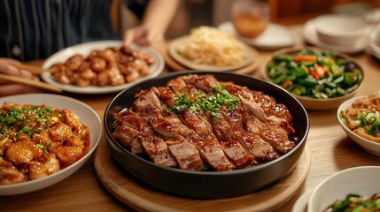 A Cozy Dining Table Set with a Colorful Bowl of Fresh Food Surrounded by Plates of Delicious Cuisine Creating a Warm and Inviting Meal Atmosphere