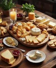 A warm and cozy wooden table with a beautifully styled arrangement of artisanal cheeses, crackers, and a small cream cheese-filled pastry in the center, wooden table, food and wine