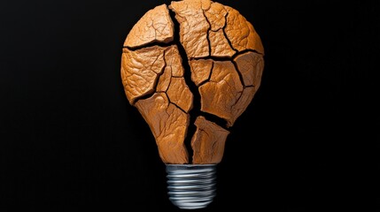 Broken Idea: A clay lightbulb, shattered and fragmented, rests against a dark background, symbolizing the demise of an idea or innovation. The image evokes feelings of failure, broken dreams.