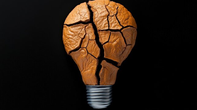 Broken Idea: A clay lightbulb, shattered and fragmented, rests against a dark background, symbolizing the demise of an idea or innovation. The image evokes feelings of failure, broken dreams.