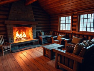 A warm and inviting wooden cabin with a roaring fire in the fireplace and wooden furniture arranged around it., rustic furniture, fireplace