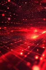 Fototapeta premium Abstract red digital background with glowing lines and dots, futuristic perspective, illuminated particles