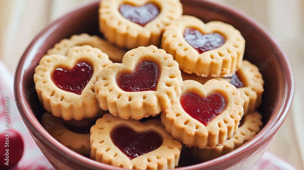 Wall mural Bowl of heart-shaped linzer cookies, adorned with heart-shaped cutouts