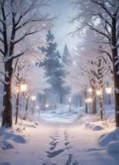 A winter wonderland scene with a glittering snowy landscape and snow-covered trees adorned with festive holiday decorations, snow covered trees, snowy landscape, holly and ivy