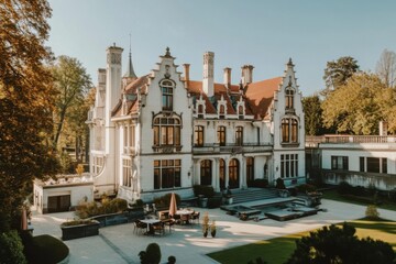 Obraz premium Elegant mansion surrounded by lush greenery and blue skies in a serene setting offers a glimpse into historical architecture