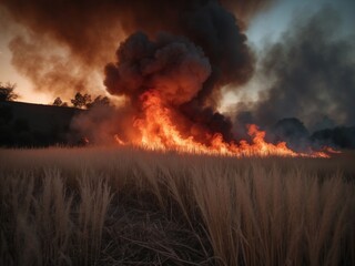 Vivid display of a wildfire raging through tall grass at dusk with an ominous sky overhead