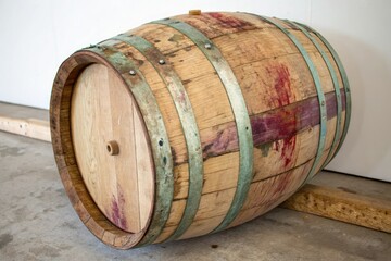A wooden wine barrel with visible watercolor stains and natural patina, watercolor stains, red wine stain, fluid seep
