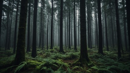 Obraz premium Mystical Foggy Forest in Dark Moody Atmosphere with Ancient Trees and Ferns
