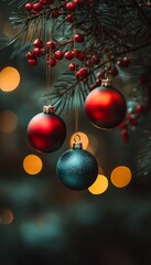 Fototapeta premium Christmas Elegance Red and Blue Ornaments Adorn a Festive Tree Branch, Soft Focus Background