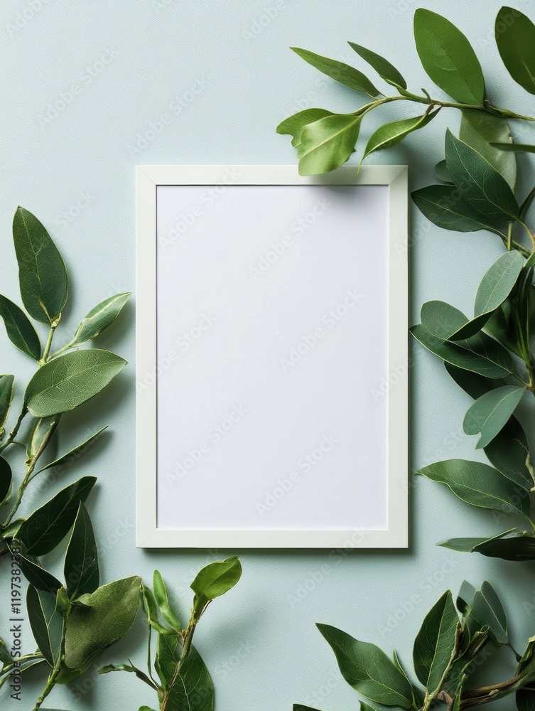 Leinwandbilder Mock up space with a blank frame surrounded by lush green leaves for creative text placement. Generative AI