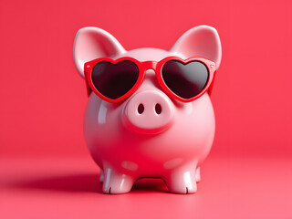 Pink piggy bank wearing heart-shaped sunglasses on a pink background.