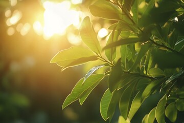 Dew-kissed green leaves shining in sunlight during a tranquil forest morning