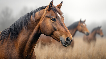 Fototapeta premium Side profile of Horse against a soft, misty background 