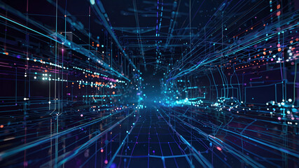 Fototapeta premium Futuristic abstract digital background, glowing neon network of interconnected points and lines. Dark gradient background. Soft bokeh effect. 3D rendering