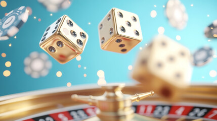 Golden dice and casino chips float above roulette wheel, creating excitement