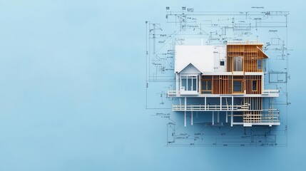 Architectural blueprint of a modern house under construction, with annotations on design features
