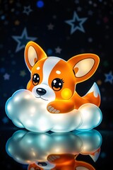 Naklejka premium corgi puppy hugging glowing shiny cloud against starry night sky