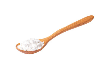 White flour, powder in wooden spoon isolated