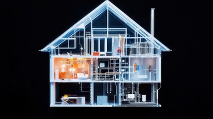 Partial cutaway of a house under construction, revealing electrical wiring and plumbing layouts
