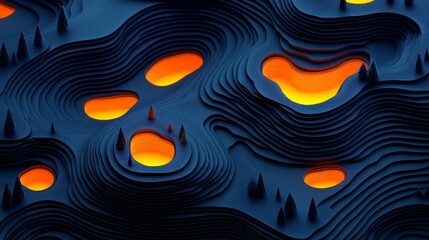 Abstract 3D Landscape Glowing Caves in Dark Blue Topographical Terrain