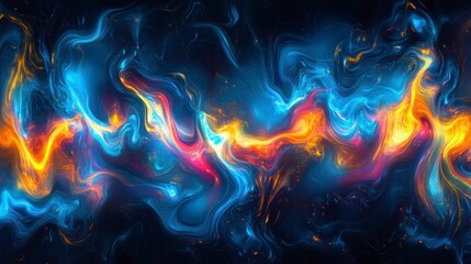 Abstract Swirling Vibrant Blue Orange and Red Liquid Paint Texture Background